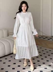 DAZY Damen Einfarbiges Kleid mit Rüschenärmeln, Herbstkleid mit Langarm