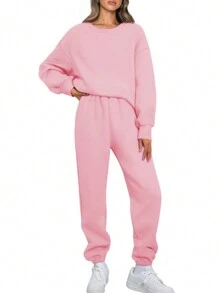 SHEIN EZwear 女士休閒圓領運動衫和褲子套裝 - 粉色 - 查看 1