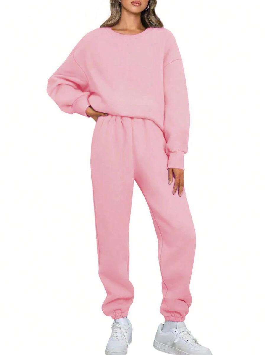 SHEIN EZwear 女士休閒圓領運動衫和褲子套裝 - 粉色 - 查看 1