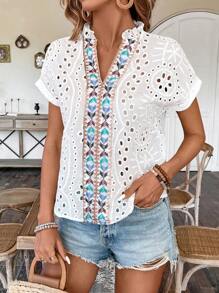 Breezaya Women'S Geometric Pattern Woven Belt Batwing Short Sleeve Blouse