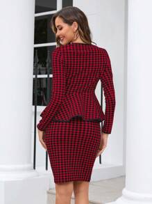 SHEIN Clasi Bộ áo peplum và chân váy họa tiết răng sói hai mảnh dành cho nữ - Đỏ - Xem 2
