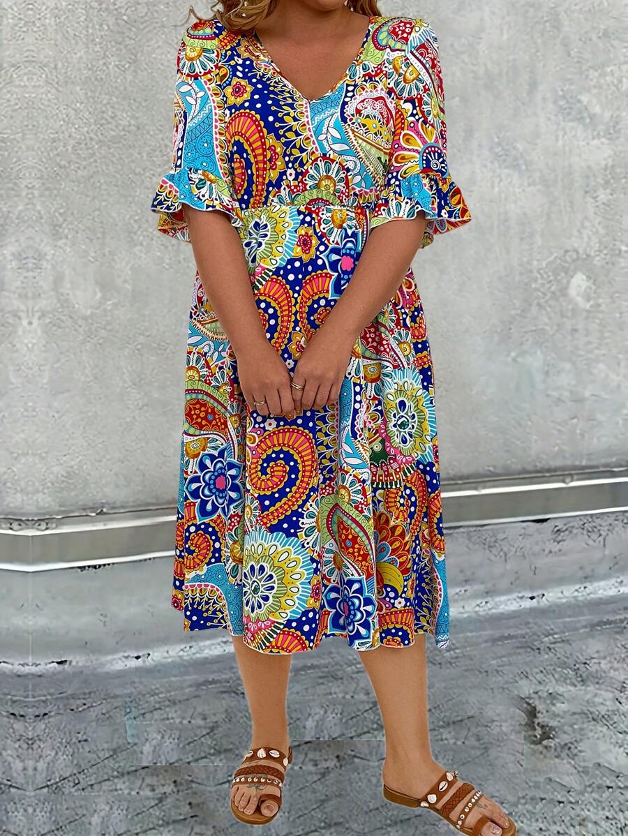 Breezaya 大碼佩斯利印花蝙蝠袖洋裝 - 彩色 - 查看 1