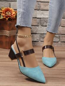 Women's Stylish Color Block High Heel Pointed Toe Shoes For Any Occasion - Blue - View 3