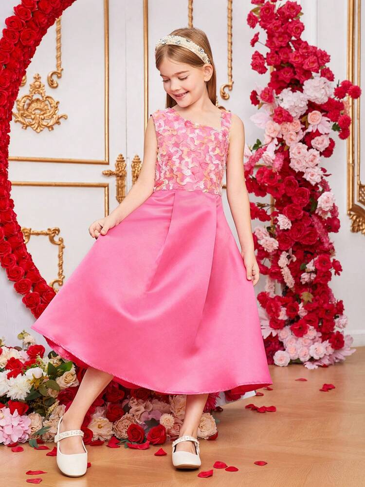 Tween Girls' Elegant Party Floral Mesh Spliced Sleeveless Halterneck Princess Dress