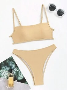 SHEIN Swim Women'S Solid Color Backless Bikini Set Carnival Summer - Khaki - View 3