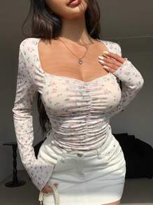 DAZY Women's Slim Fit Ruched Ditsy Floral Long Sleeve T-Shirt Summer - Baby Pink - View 1