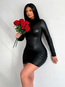 Allurite Women's Pu Stand Collar Bodycon Dress - Black - View 5