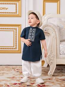 SHEIN Leap Crew 嬰兒男孩幾何圖案短袖長衫配褲裝套裝