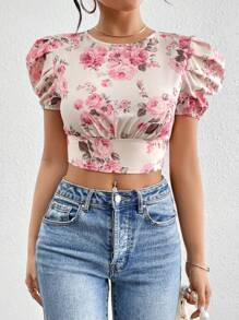 Firerie 女士花卉印花后系带泡泡袖短款衬衫、短袖上衣 - 彩色 - 查看 7