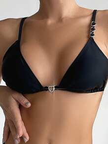 SHEIN Swim Conjunto de Maiô Bikini com Nó Nas Costas, Cor Sólida, para Mulheres, Verão e Praia, Festival de Música - Preto - Visão 4