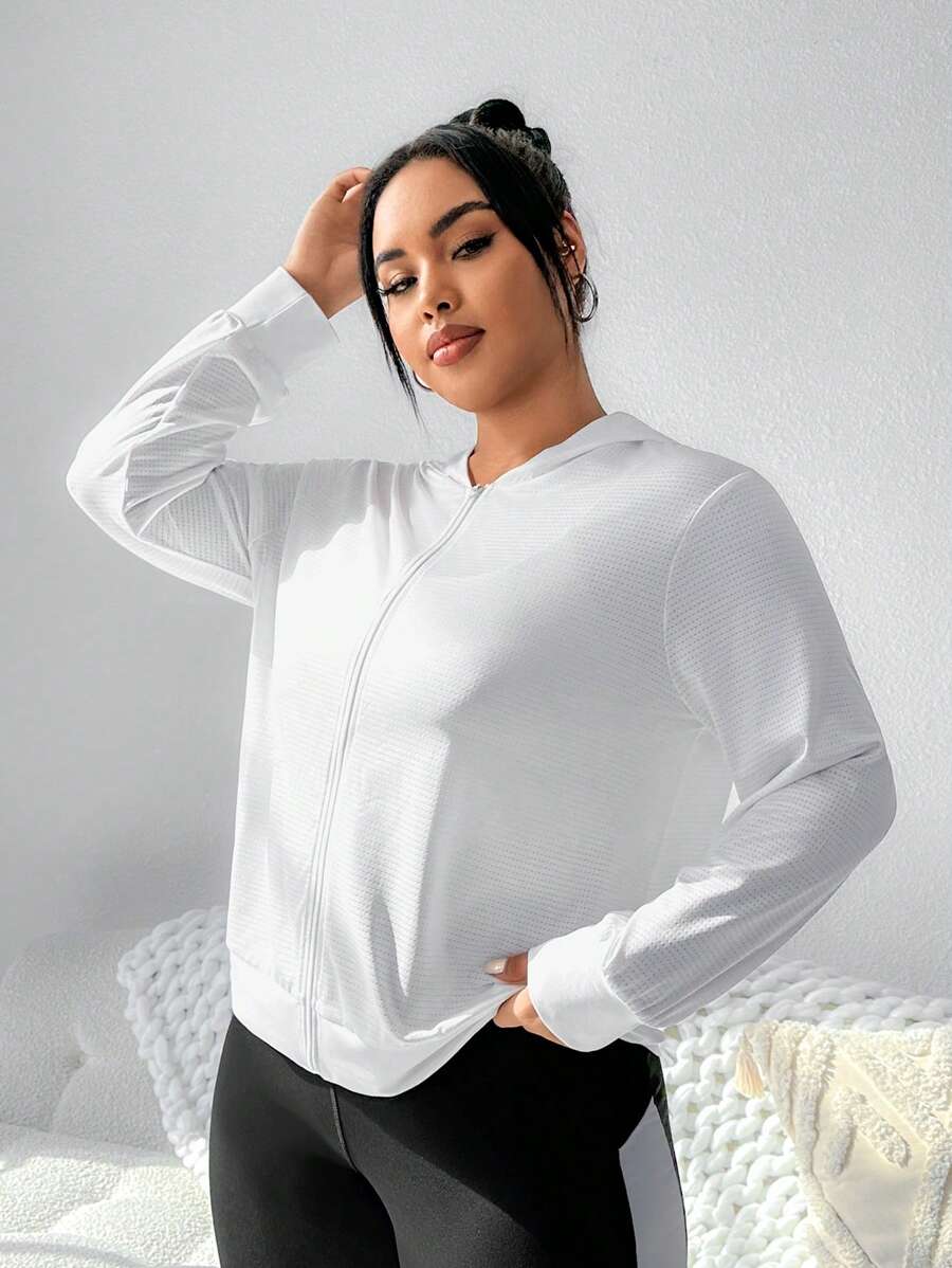 SHEIN Sports Plus Size Solid Color Hooded Sports Jacket