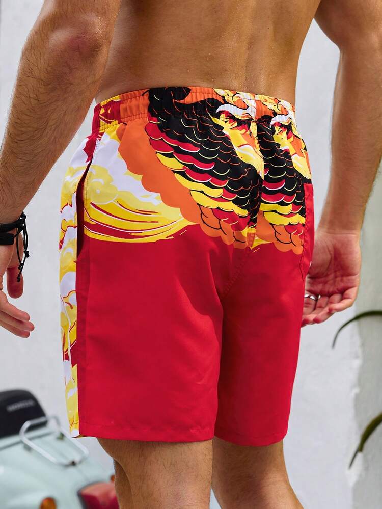 Men'S Dragon Printed Drawstring Waist Beach Shorts