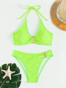 SHEIN Swim 荧光绿两件套比基尼套装狂欢夏日海滩 - 綠色 - 查看 6