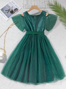 SHEIN Tween Girls' Glittery Dress With Bow Decoration - Green - View 2
