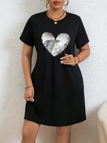 Calvaya Plus Size Sparkling Heart Pattern Dress - Black - View 5