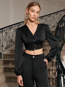 SHEIN Allurite Ensemble De Haut À Manches Lanterne En Dentelle Et Pantalon À Jambes Larges