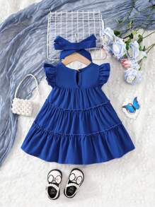 SHEIN 女嬰蝴蝶袖休閒裙配頭帶2件套 - 寶藍色 - 查看 2