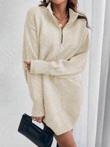 SHEIN Frenchy Một nửa khóa kéo Đứng cổ áo Thả vai Tay áo Đầm Áo len - Màu be - Xem 5