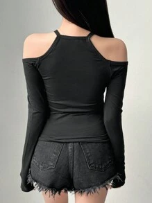 DAZY 女式露肩标语印花 T 恤、图案 T 恤、学院风上衣、长袖女式上衣、秋季女装