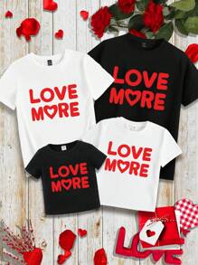Valentine's Day Casual Round Neck Short Sleeve T-Shirt Containing Cotton, Suitable For Young Boys In Summer, Family Outfits, Hearts, I ❤ More, Red