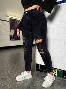 SHEIN ICON Women'S Plus Size Ripped Skinny Jeans - Black - View 4