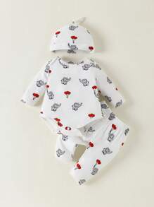 SHEIN 情人节男婴连体衣，饰有心形、气球、大象图案和帽子，三件套