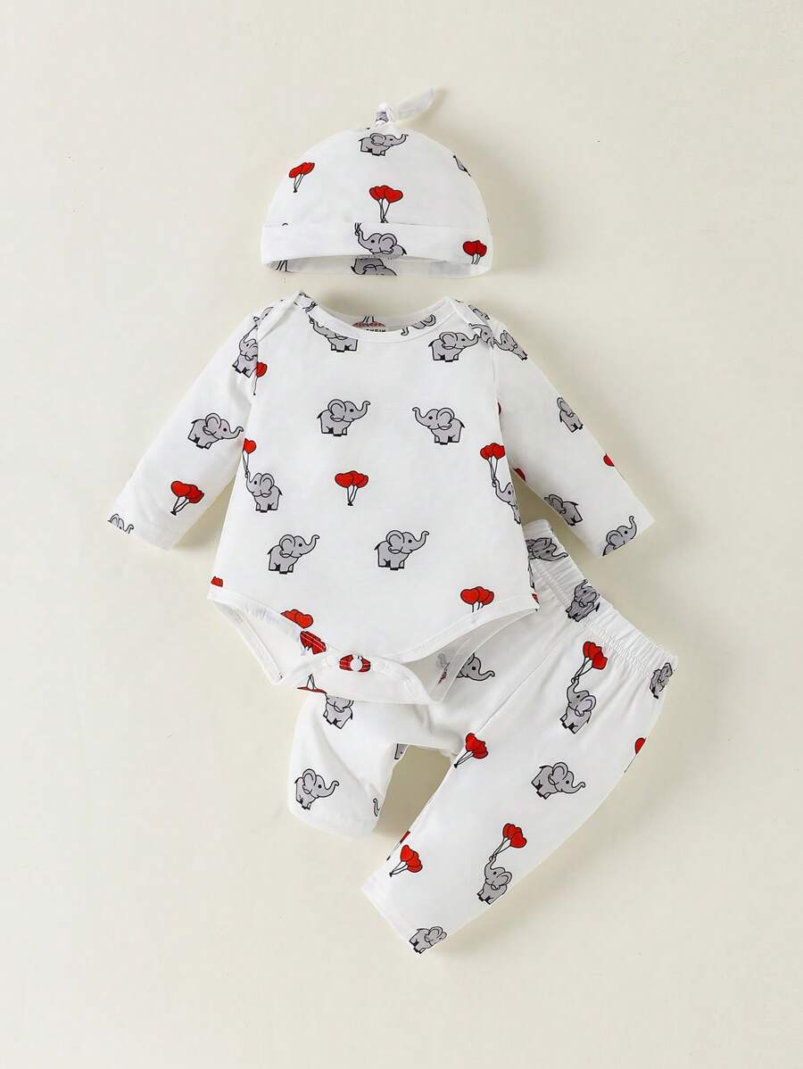 SHEIN 情人节男婴连体衣，饰有心形、气球、大象图案和帽子，三件套
