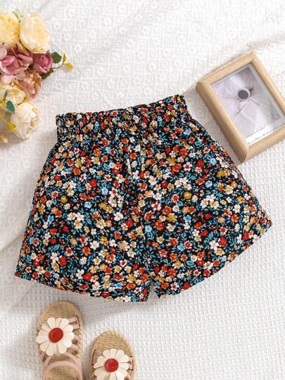 SHEIN Leap Crew Ung Flickans Vävd Lös passform Blommigt Mönster Enkel Shorts För Vår/sommar Semester