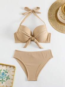 SHEIN Swim 夏季海滩女士吊带聚拢比基尼套装婚礼 - 米色 - 查看 3