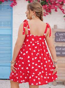 SHEIN VCAY Plus Size Heart Polka Dot Printed Spaghetti Strap Tea Party Dress/Valentine's Day - Red - View 2