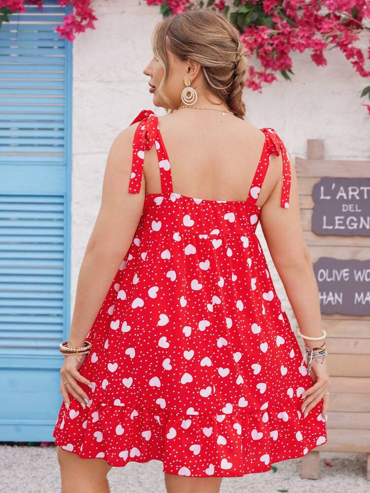 Plus Size Heart Polka Dot Printed Spaghetti Strap Tea Party Dress/Valentine's Day