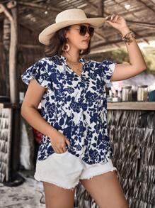 SHEIN VCAY 大码波西米亚风花卉印花缺口领夏季衬衫 - 藍白色 - 查看 3