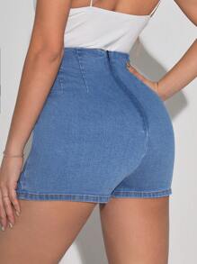 SHEIN Tall 女士純色分裂邊修身牛仔短褲 - 中等水洗藍 - 查看 3