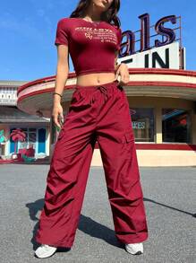 SHEIN EZwear Của phụ nữ In Khẩu hiệu Áo Và Quần Cargo Bộ - Đỏ - Xem 10