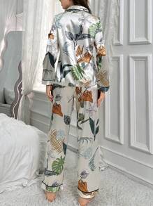 LuxeNights 女士植物印花领仿丝绸睡衣套装，秋冬服装 - 彩色 - 查看 2