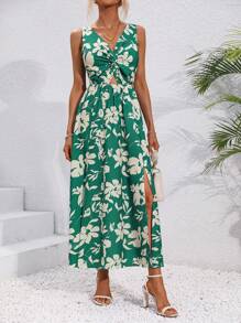 SHEIN LUNE 女性v領花卉印花連身裙,扭曲前總設計 - 綠色 - 查看 5