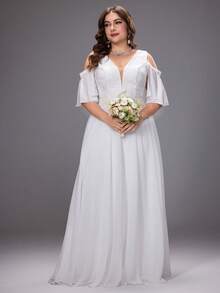 Vestido de novia de talla grande con hombros abiertos, bordado y patchwork - Blanco - Ver 3