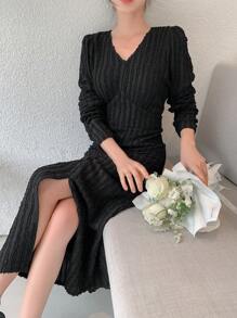 DAZY Ladies' Solid Color Jacquard Side Slit Dress,Fall Dress Long Sleeve Dress - Black - View 3