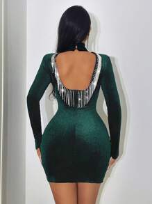 SHEIN SXY Women's Deep Green Velvet Mini Dress With Backless, Fringed Hem, Rhinestone Detail And High Neckline - Dark Green - View 1
