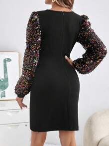 SHEIN Clasi Women's Patchwork Glitter Lantern Sleeve Dress - Black - View 2