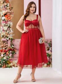 SHEIN Belle Cup Style Ballet Inspired Puffy Plus Size Party Prom Dress - Red - View 6