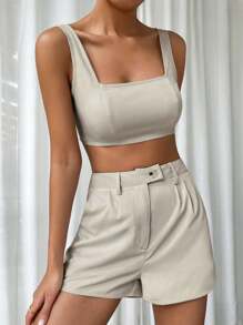SHEIN EZwear 素色短款背心和褶皺短褲 - 杏色 - 查看 1