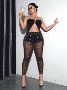 SHEIN ICON Plus Size Women'S Heart Patterned Mesh Leggings - Black - View 2