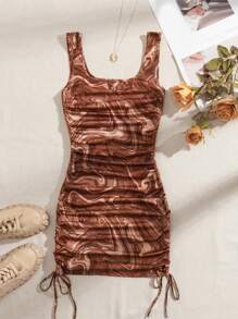 SHEIN EZwear Của phụ nữ In Đá cẩm thạch Dệt kim Dây rút Váy không tay - màu nâu - Xem 6