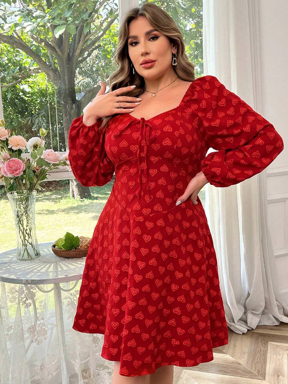 Plus Size Women'S Lantern Sleeve Dress With Sweetheart Neckline And Belt