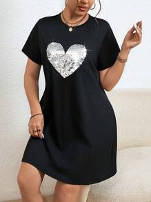 Calvaya Plus Size Sparkling Heart Pattern Dress - Black - View 3
