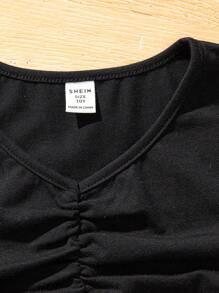 3pcs/Set Tween Girl Knitted Solid Color Pleated Short Casual T-Shirt - Multicolor - View 5