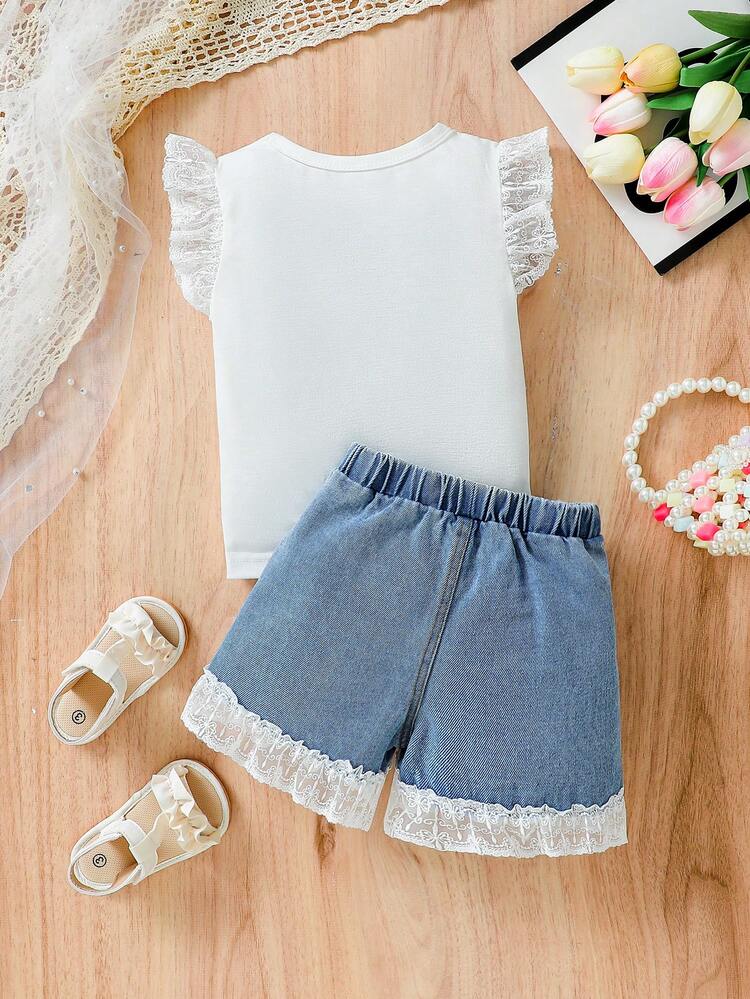 Baby Girls' Spring Summer Bunny Design Applique Lace Top And Shorts Set