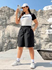 SHEIN EZwear Plus Size Women's Black Straight Shorts Fifth Pants