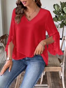 SHEIN Clasi Women's V-Neck Ruffle Edge Decorated Blouse